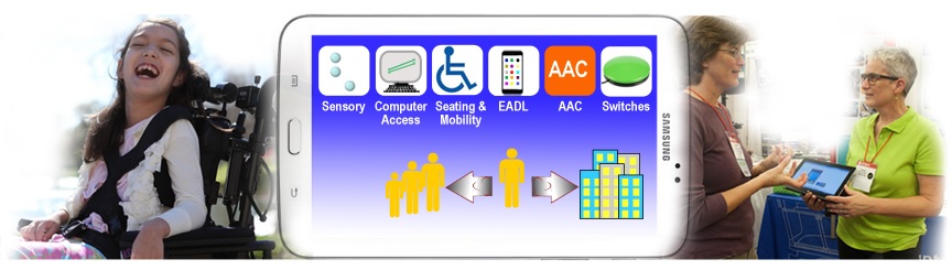 Images of person in a wheelchair, a computer screen showing different icons, and two people talking holding a tablet